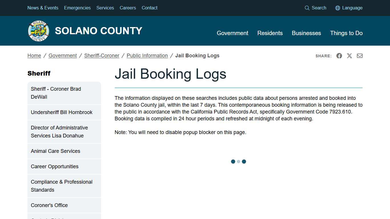 Jail Booking Logs | Solano County, California
